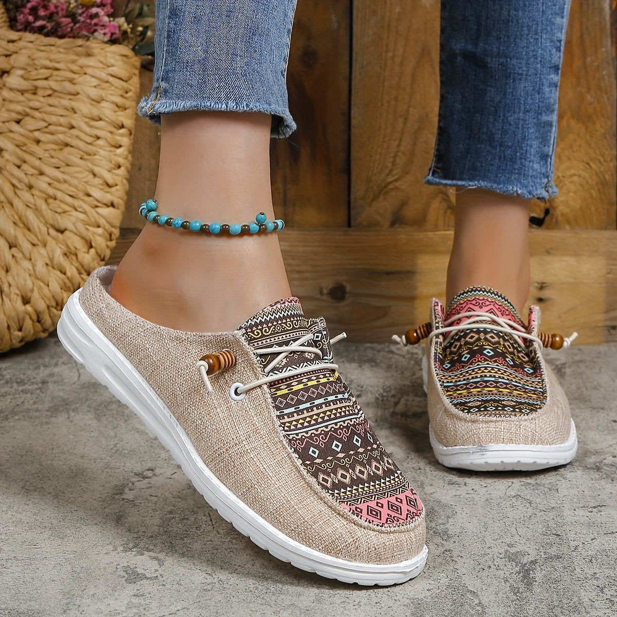 Women's Ethnic Style Canvas Shoes, Lightweight Lace Up Mule Sneakers, Lightweight & Comfortable Shoes
