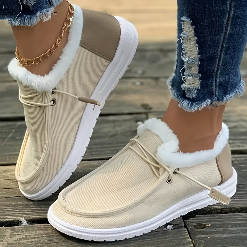 Women's Solid Color Lined Shoes, Slip On Fluffy Warm Flat Non-slip Canvas Shoes, Plush Winter Comfy Shoes