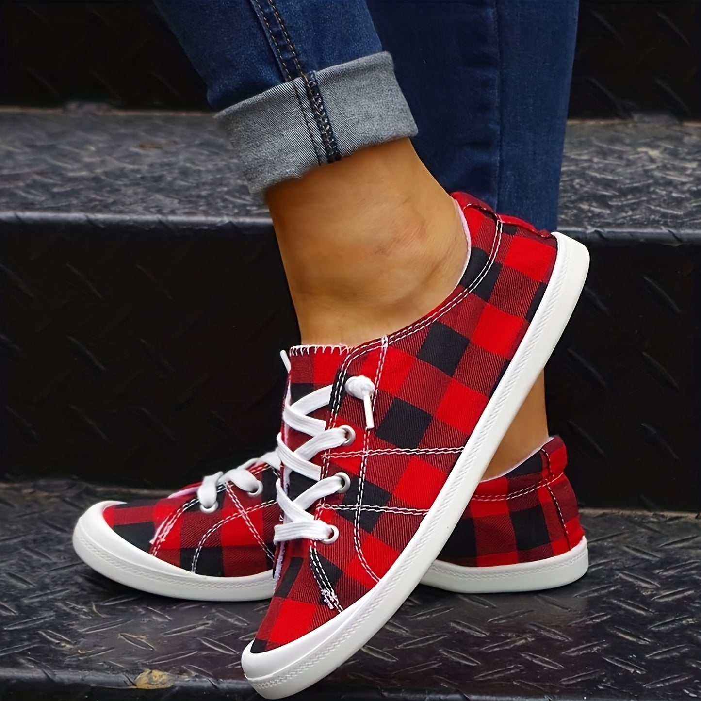 Women's Plaid Pattern Canvas Shoes, Casual Lace Up Outdoor Shoes, Lightweight Low Top Sneakers