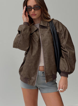 Goldsmith Faux Leather Bomber Jacket Washed Dark Brown