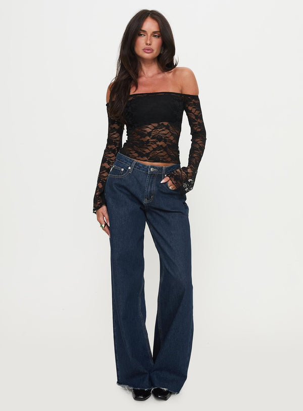 Good Judgement Off Shoulder Lace Long Sleeve Top Black