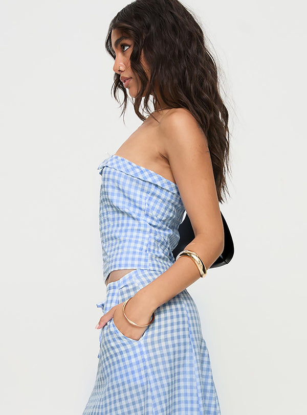 Carmino Strapless Top Blue Check