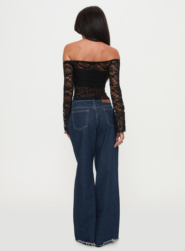 Good Judgement Off Shoulder Lace Long Sleeve Top Black
