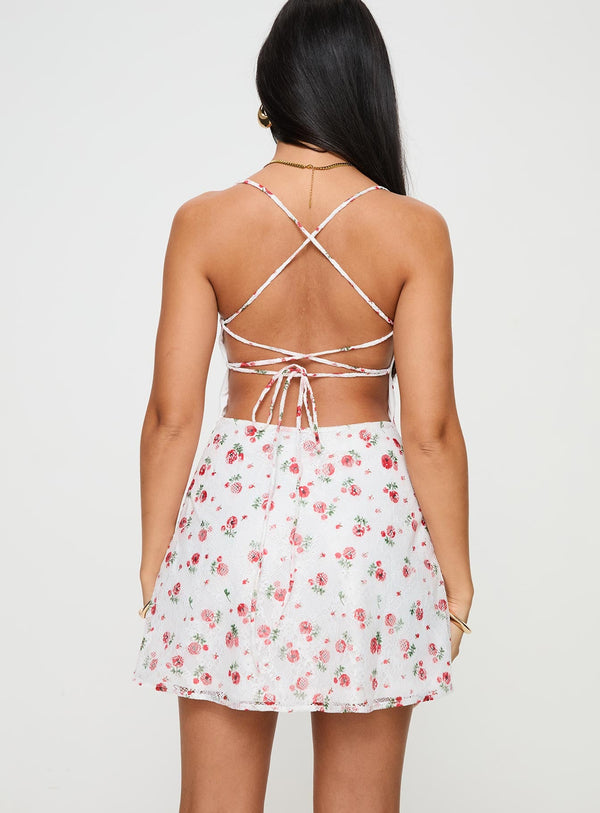 Celena Lace Mini Dress White / Red Floral