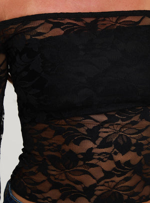 Good Judgement Off Shoulder Lace Long Sleeve Top Black