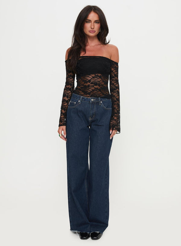 Good Judgement Off Shoulder Lace Long Sleeve Top Black