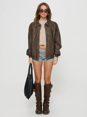 Goldsmith Faux Leather Bomber Jacket Washed Dark Brown