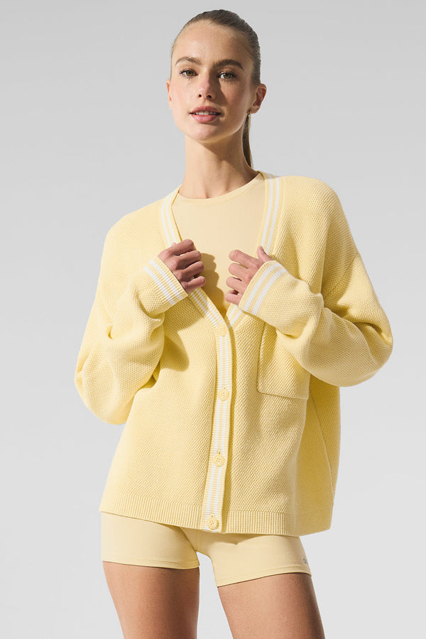 Tennis Club Sweater Knit Cardigan - Warm Butter/White