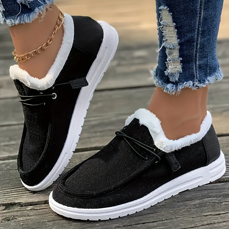 Women's Solid Color Lined Shoes, Slip On Fluffy Warm Flat Non-slip Canvas Shoes, Plush Winter Comfy Shoes